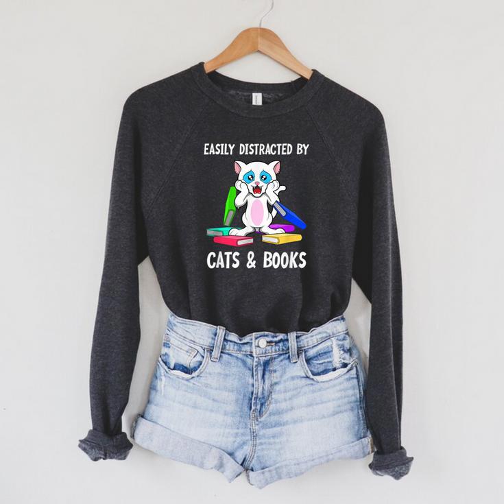 Distracted By Cats Coffee And Books Raglan Sleeve Sweatshirt