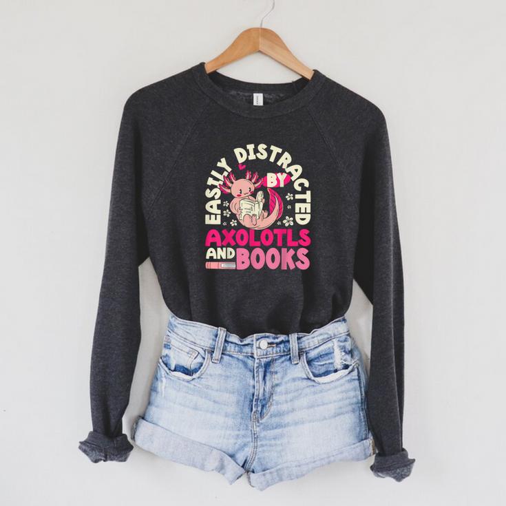 Easily Distracted By Axolotls And Books Cute Animal Lover Raglan Sleeve Sweatshirt