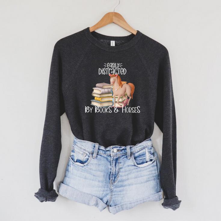 Easily Distracted By Books And Horses Raglan Sleeve Sweatshirt