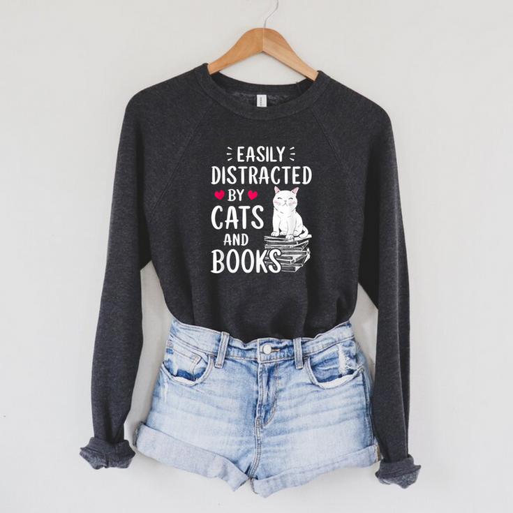 Easily Distracted By Cats And Books Cat Lover Raglan Sleeve Sweatshirt
