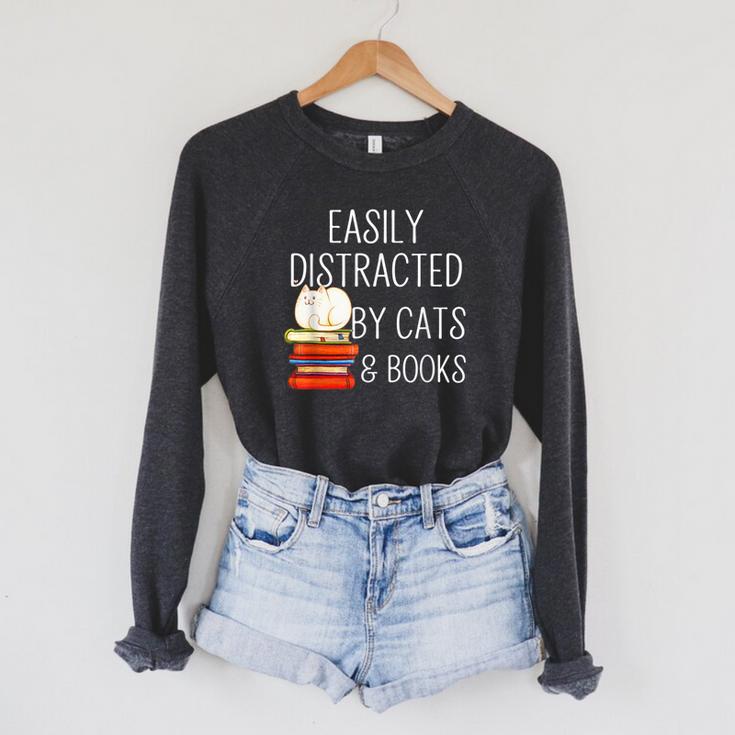 Easily Distracted By Cats And Books Cute Book Lover Raglan Sleeve Sweatshirt