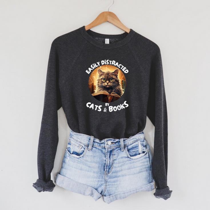 Easily Distracted By Cats And Books Librarians Bibliophiles Raglan Sleeve Sweatshirt