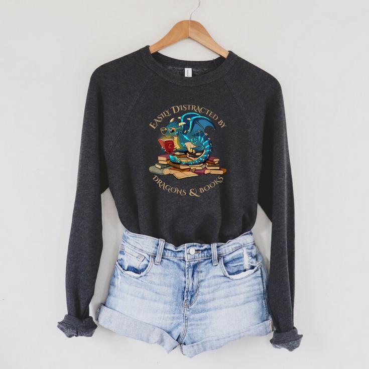 Easily Distracted By Dragons And Books Nerd Dragon Raglan Sleeve Sweatshirt