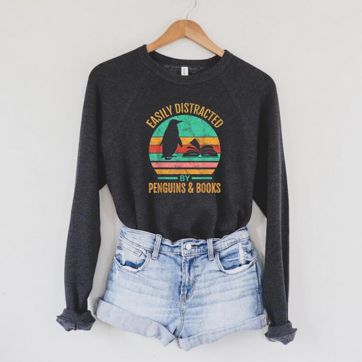 Easily Distracted By Penguins & Books Retro Raglan Sleeve Sweatshirt
