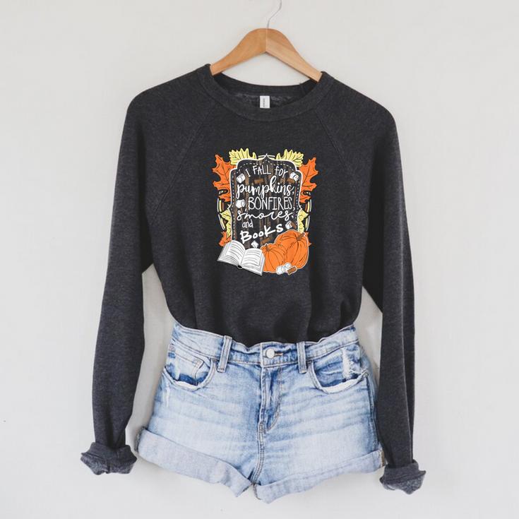 I Fall For Pumpkins Bonfires S'Mores Books Halloween Reader Raglan Sleeve Sweatshirt
