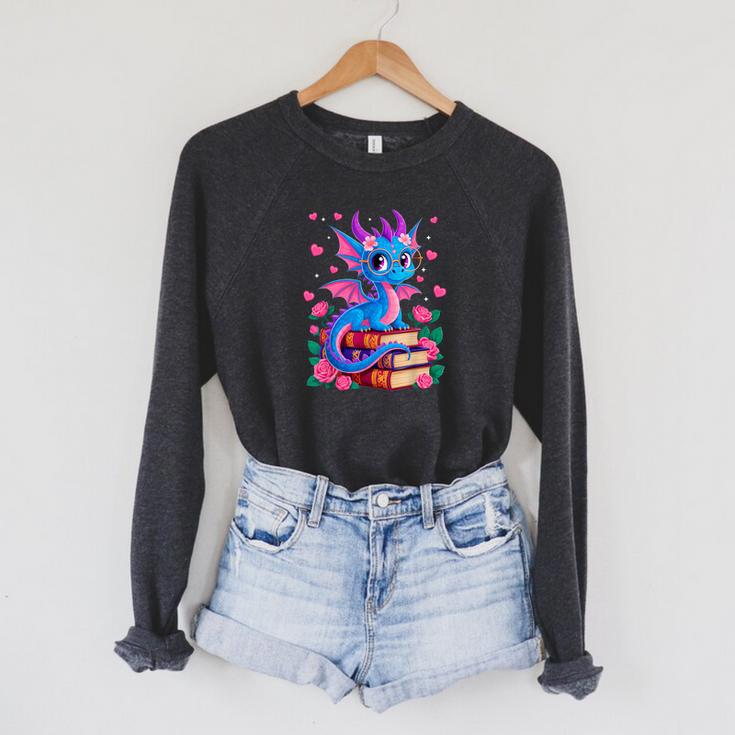 Fantasy Dragon Reading Books Bookworm Raglan Sleeve Sweatshirt