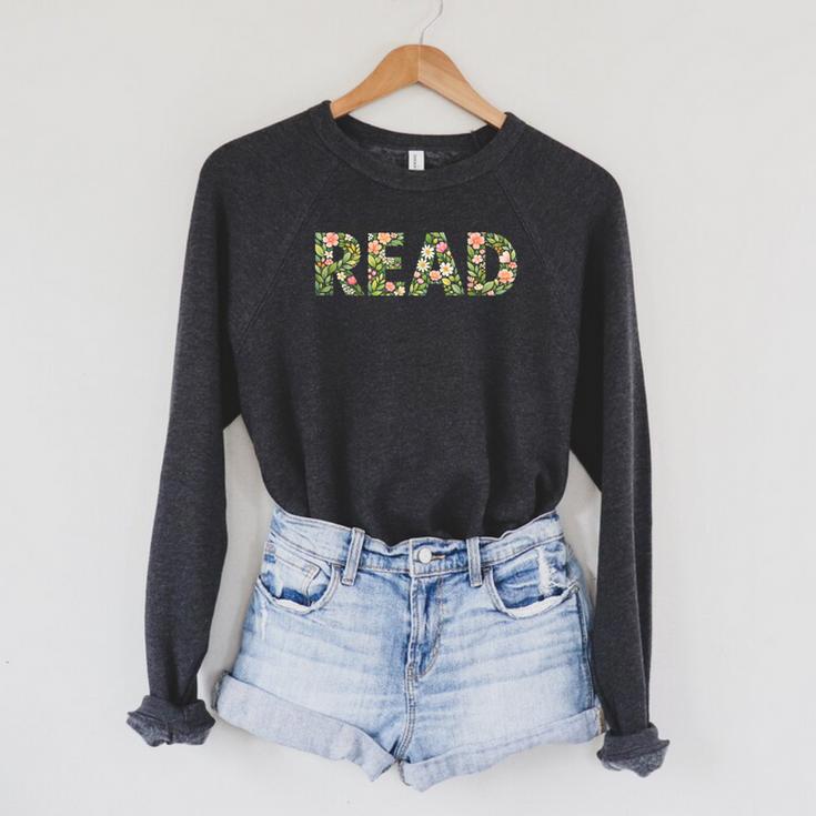 Floral Read Typography Aesthetic Book Lover Raglan Sleeve Sweatshirt