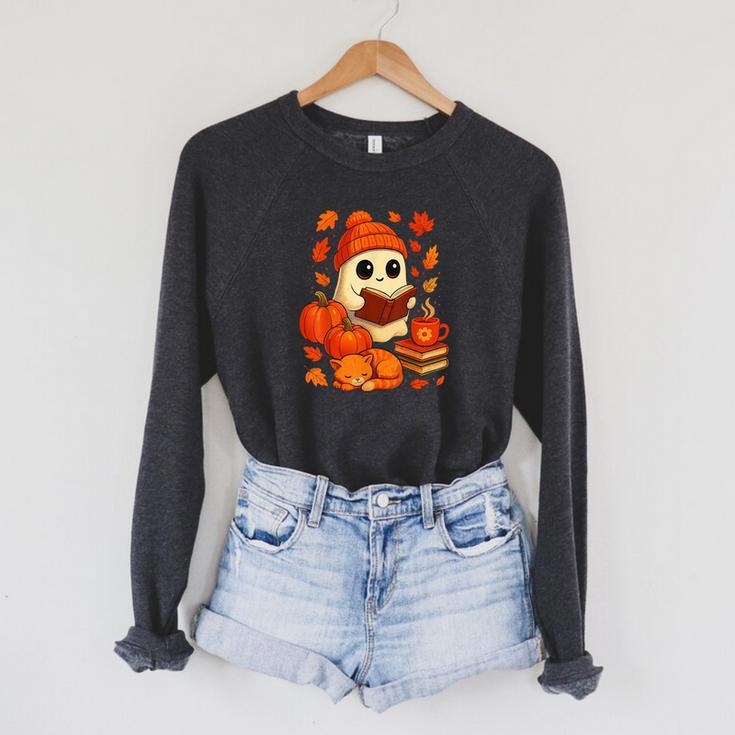 Ghost Reading Book Lovers Autumn Fall Halloween Raglan Sleeve Sweatshirt