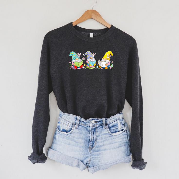 Gnomes Reading Books Teacher Easter Day Eggs Book Lovers Raglan Sleeve Sweatshirt
