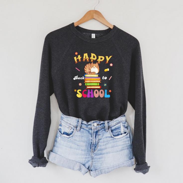 Happy Back To School Cat Books The Start Of The School Year Raglan Sleeve Sweatshirt