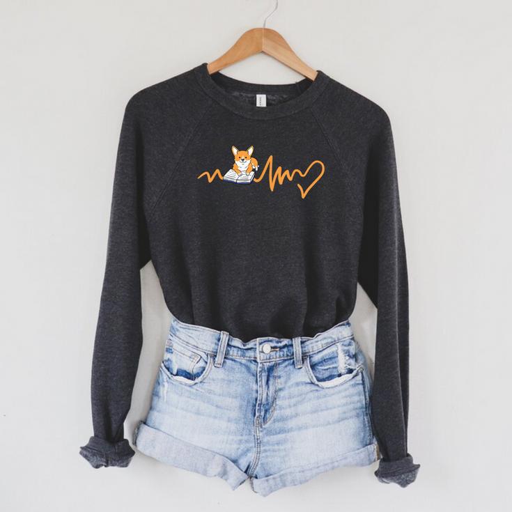 Heartbeat Corgi Reading Book Raglan Sleeve Sweatshirt