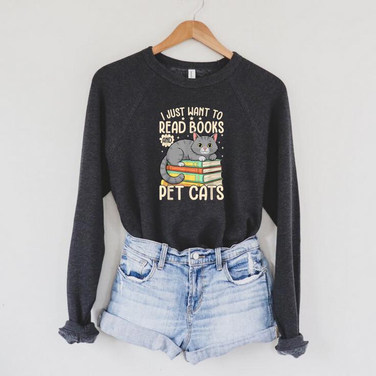 I Just Want To Read Books And Pet Cats Cat Reading Raglan Sleeve Sweatshirt