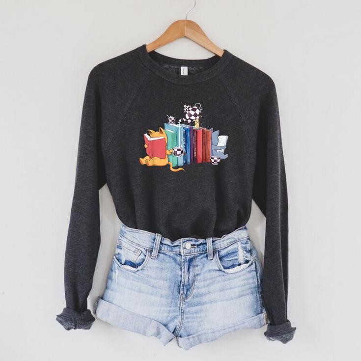 Kawaii Cat Book Ends Library Decor Librarian Raglan Sleeve Sweatshirt