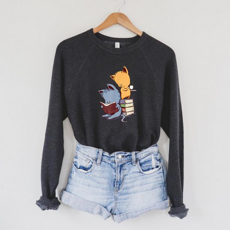 Kawaii Kittens Cats Tea And Books Cartoon Cat For Men Women Girls Kids Raglan Sleeve Sweatshirt