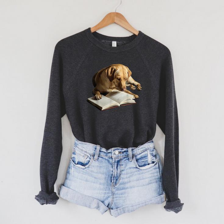 Labrador Retriever Dog Bookworm Reading Book Graphic Raglan Sleeve Sweatshirt