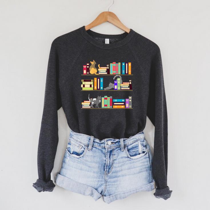 Library Cats Kittens Reader Book Lovers Pet Shelf Raglan Sleeve Sweatshirt