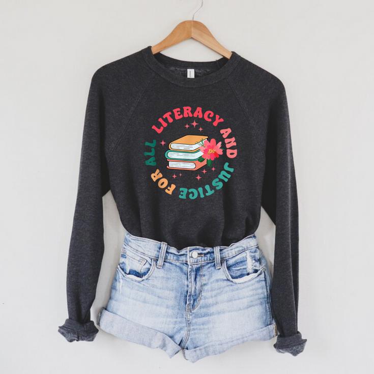 Literacy And Justice For All Groovy Reading Book Lover Raglan Sleeve Sweatshirt