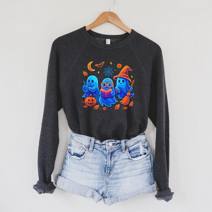 Little Ghost Coffee Tee Spooky Season Ghost Reading Book Raglan Sleeve Sweatshirt