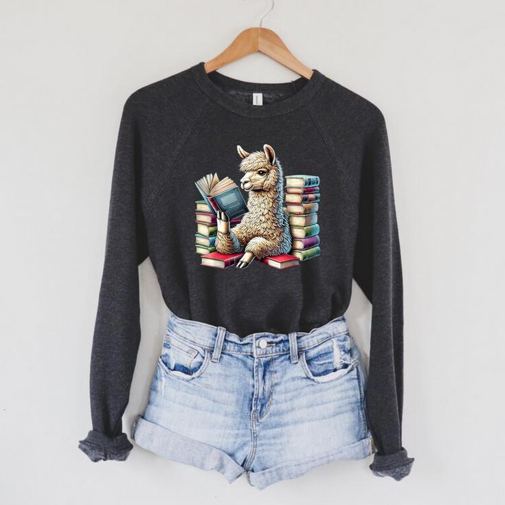 Llama Reading Book Reader Bookworm Alpaca Lover Raglan Sleeve Sweatshirt