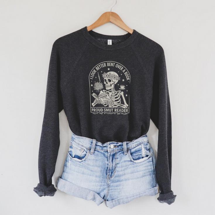 I Look Better Bent Over A Book Shirts Reader Skeleton Mom Raglan Sleeve Sweatshirt