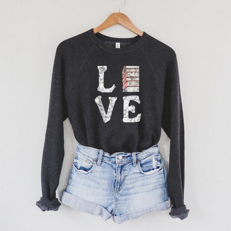 Love Books Book Stack Nerd Literary Readers Distressed Raglan Sleeve Sweatshirt