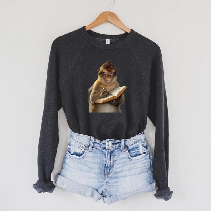 Monkey Reading Book Writing Journal Book Lover Writer Raglan Sleeve Sweatshirt