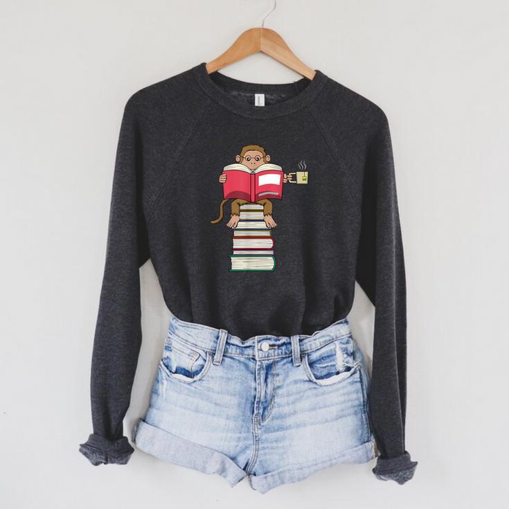 Monkey Reading Books And Drinking Tea Raglan Sleeve Sweatshirt