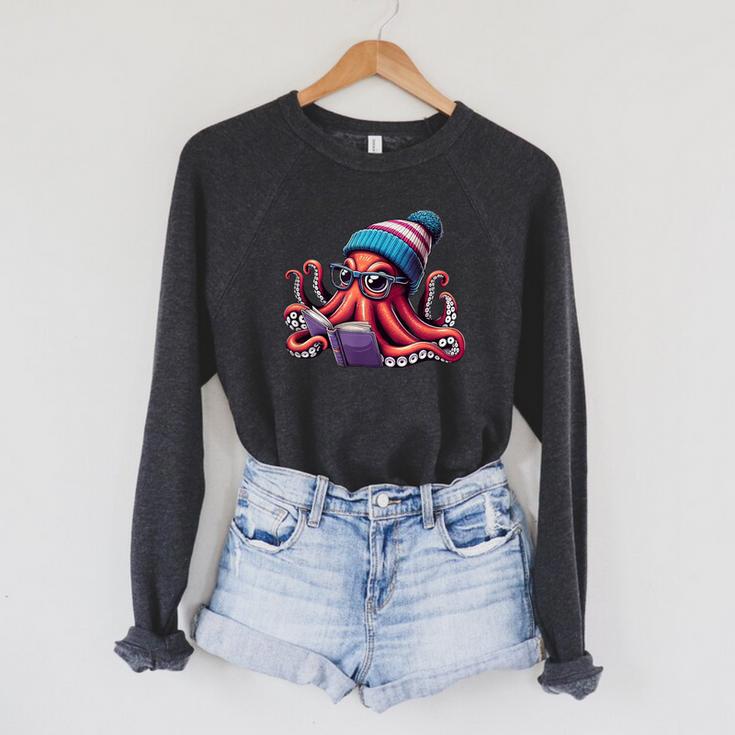 Octopus Reading Book Kraken Book Lover Raglan Sleeve Sweatshirt