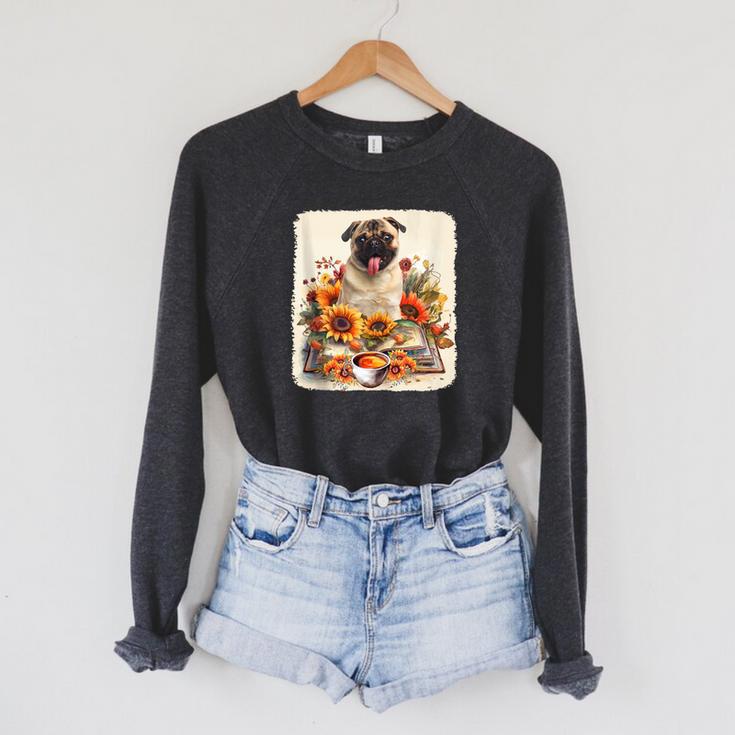Pug Reading Books Sunflowers With Coffee Lover Owner Raglan Sleeve Sweatshirt