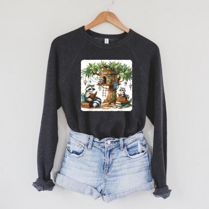 Raccoon Family Reading Around Treetop Home Books Adventure Raglan Sleeve Sweatshirt