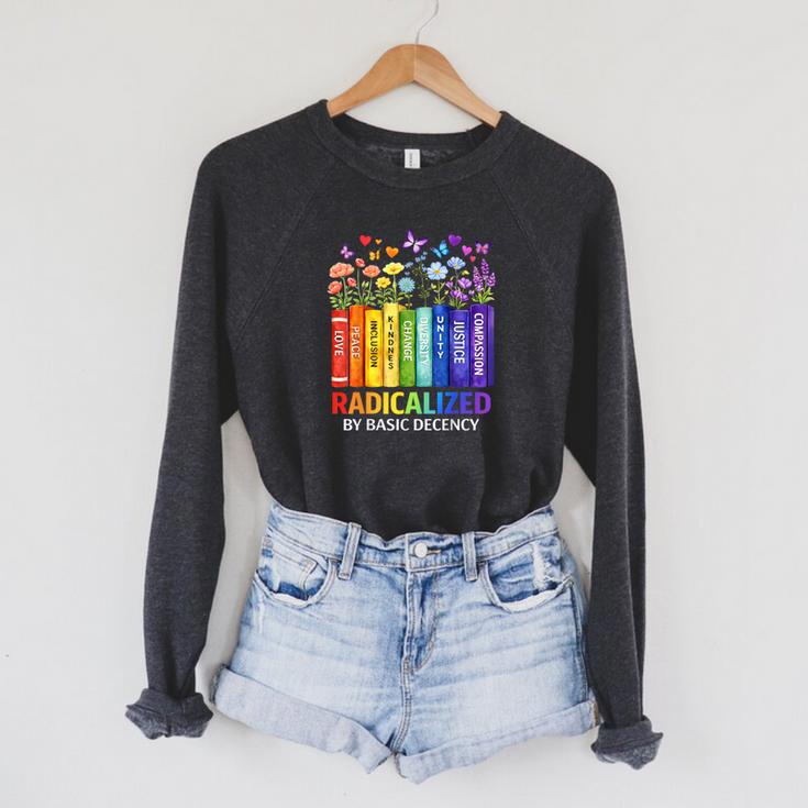 Radicalized By Basic Decency Books Rainbow LGBT Floral Women Raglan Sleeve Sweatshirt