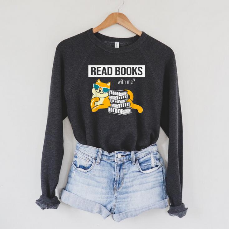 Read Books With Me Cat Lover Book Lover Librarian Reading Raglan Sleeve Sweatshirt