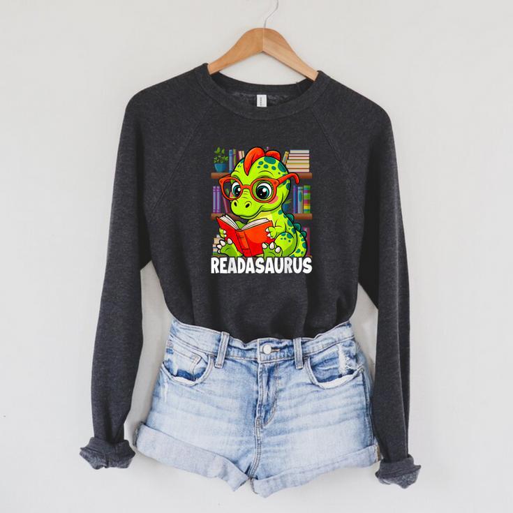 Readasaurus Reading Dinosaur Book Reader Bookworm Raglan Sleeve Sweatshirt