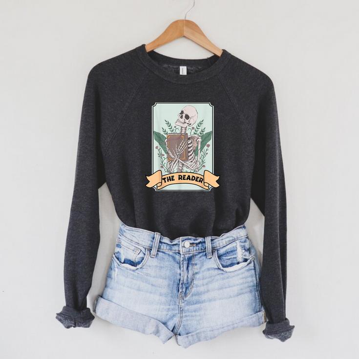 The Reader Tarot Card Skeleton With Book Lover Bookworm Raglan Sleeve Sweatshirt