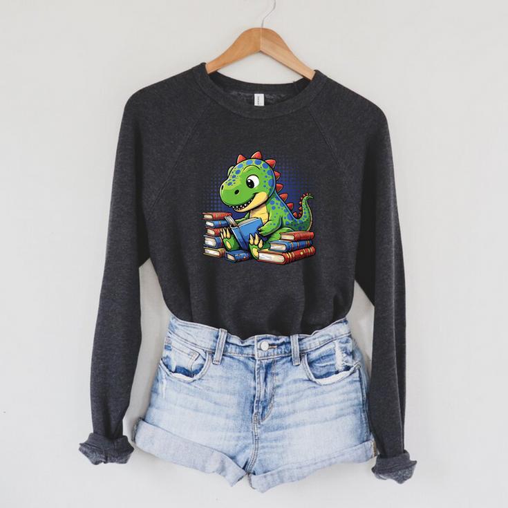 Reading Dinosaur Book Lover Cute Dino Reading Raglan Sleeve Sweatshirt