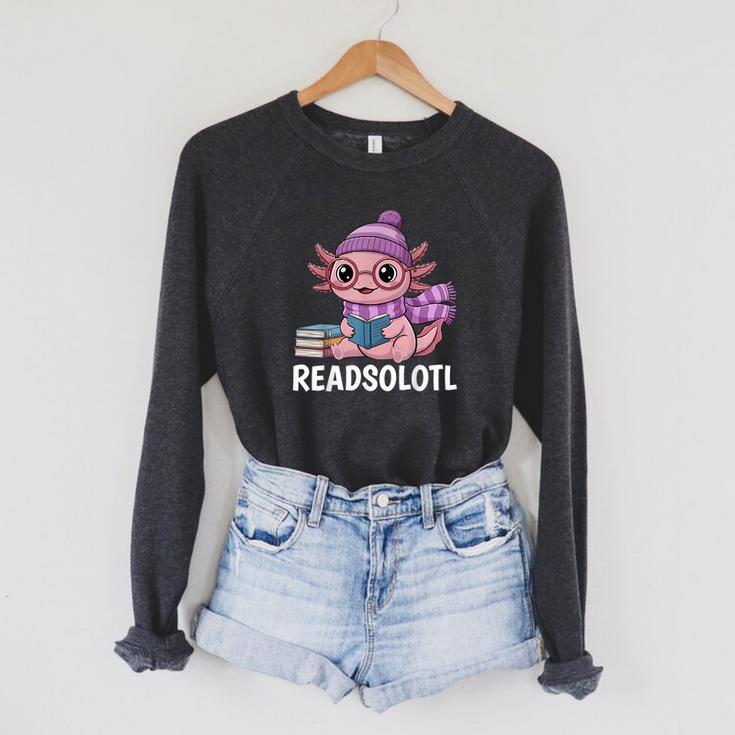 Readsolotl Cute Pink Kawaii Axolotl Reading Book Lover Raglan Sleeve Sweatshirt