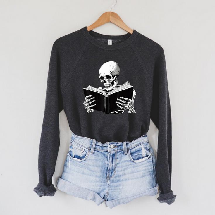 Skeleton Reading Book Bookworm Reader Bookish Halloween Raglan Sleeve Sweatshirt