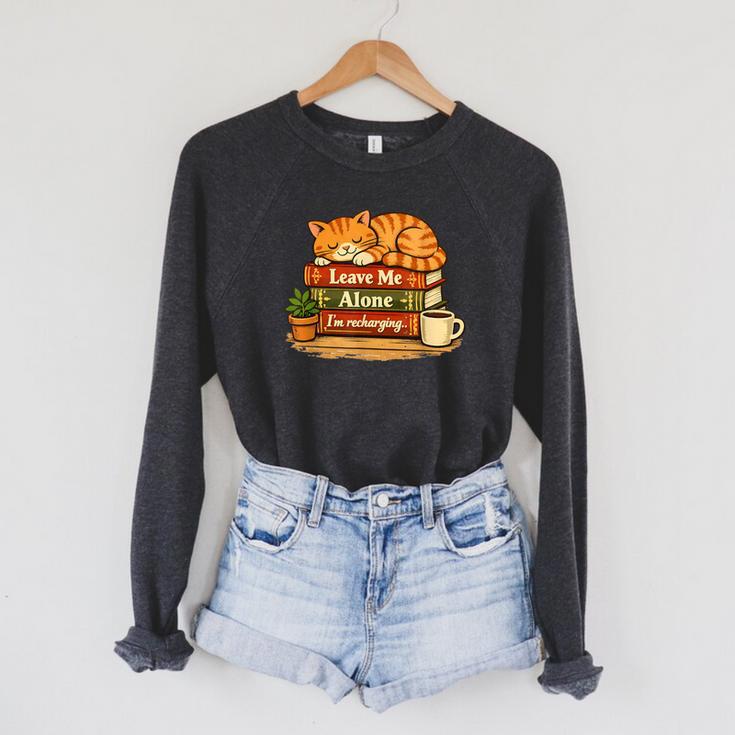 Sleeping Cat On Books Leave Me Alone I'm Recharging Raglan Sleeve Sweatshirt