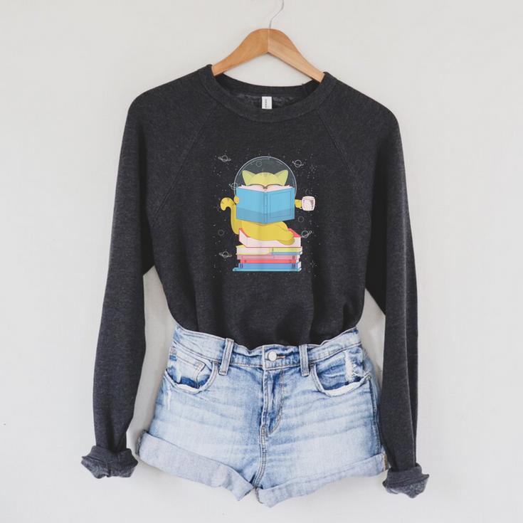 Space Cat Reading Book And Tea Space Cat For Men Women Kids Raglan Sleeve Sweatshirt