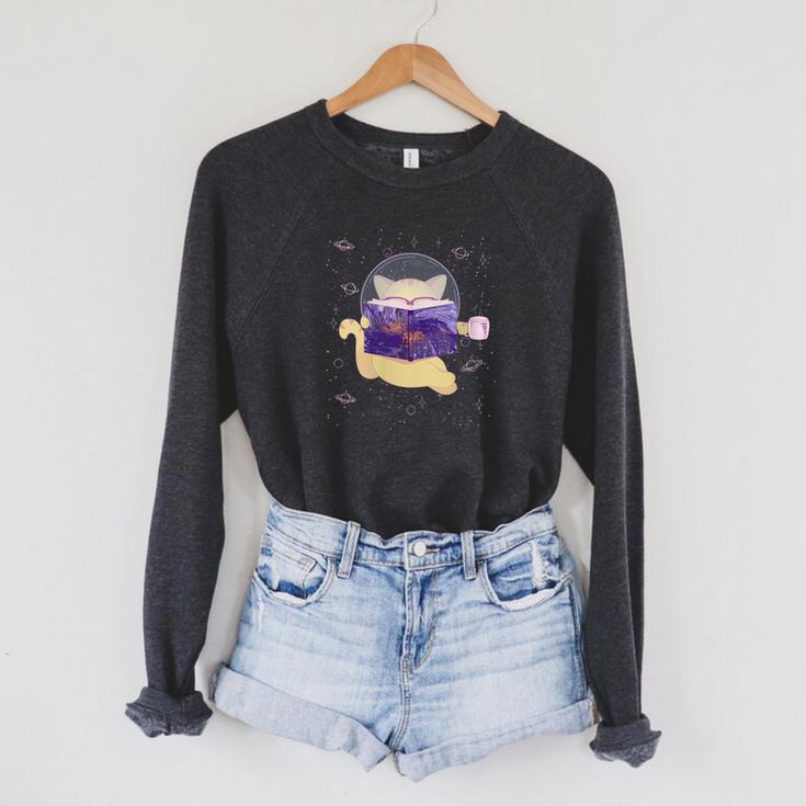 Space Cat Reading Book And Tea Space Cat Raglan Sleeve Sweatshirt