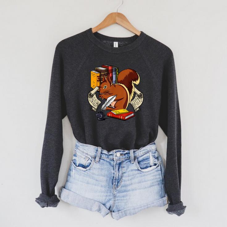 Squirrel Reading Book Cute Forest Animal Raglan Sleeve Sweatshirt