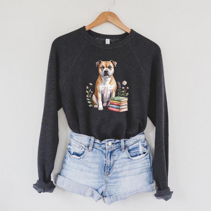 Staffordshire Bull Terrier Books Flowers Book Reading Raglan Sleeve Sweatshirt