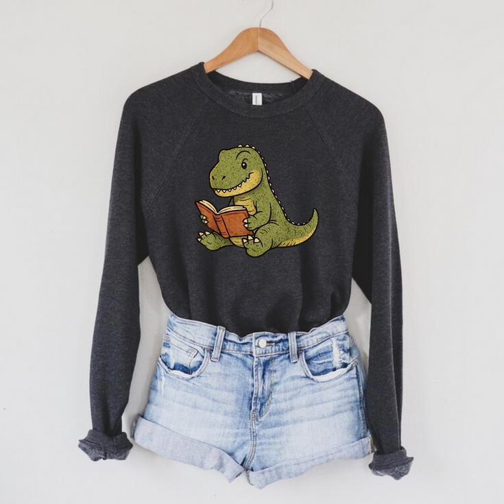 T-Rex Dinosaur Reading Book Nerd Raglan Sleeve Sweatshirt