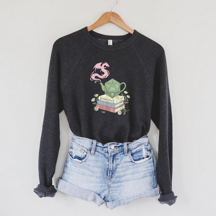 Teapot Dragon Books RPG Cozy Gamer Fantasy Tea Lover Raglan Sleeve Sweatshirt