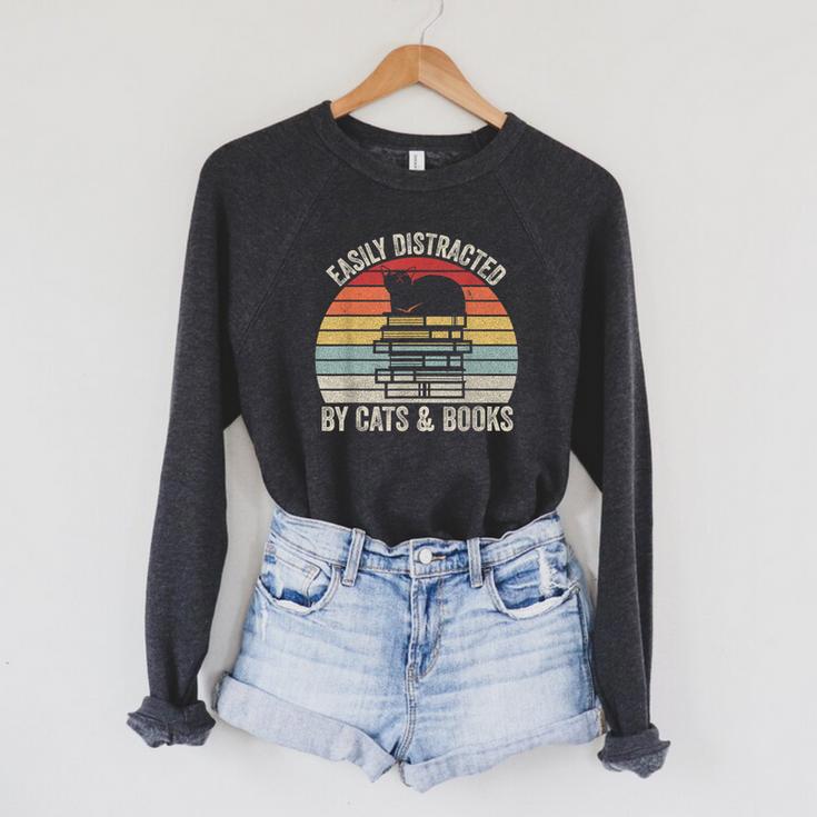 Vintage Retro Easily Distracted By Cats And Books Cat Raglan Sleeve Sweatshirt