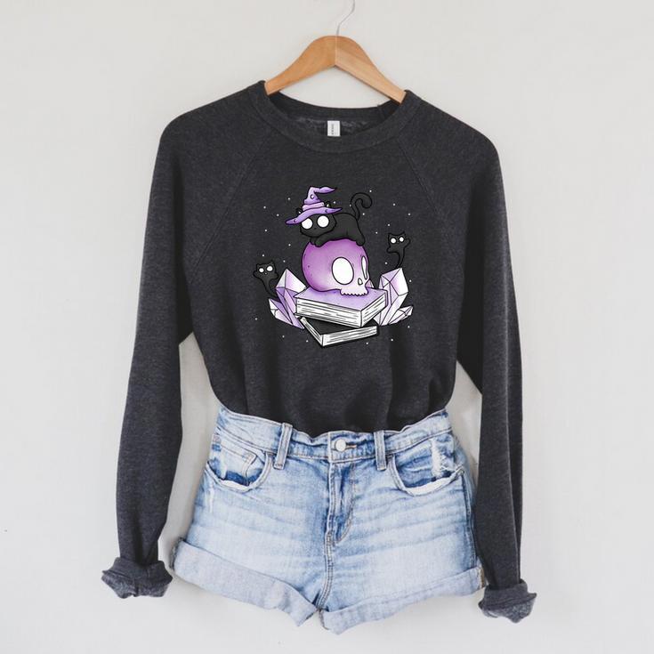 Witch Ghost Cat Skull Magic Books Raglan Sleeve Sweatshirt