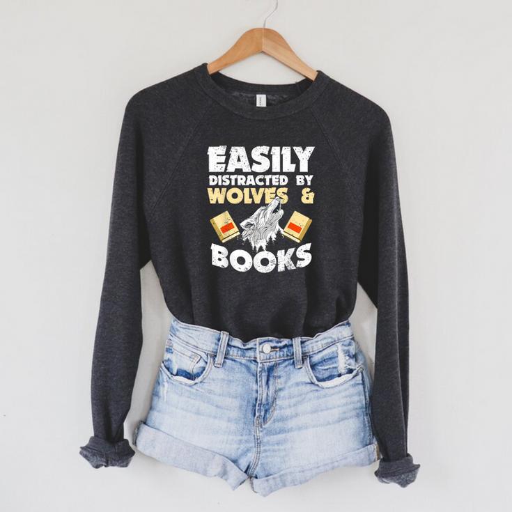 Wolf Lover Easily Distracted By Wolves And Books Read Raglan Sleeve Sweatshirt