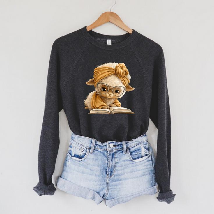 Women's Cute Lamb Reading Book Lover Animal Graphic Baby Sheep Open Raglan Sleeve Sweatshirt