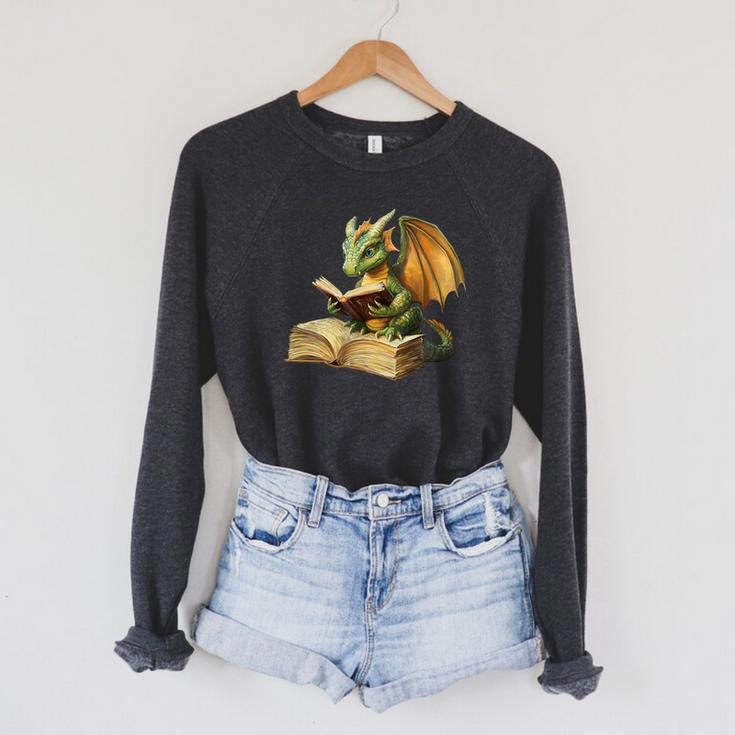 Women's Dragon Bookworm Reading Book Graphic Raglan Sleeve Sweatshirt