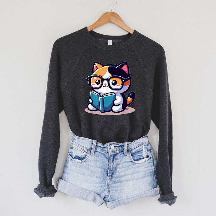 Adorable Book Lover Calico Cat With Reading Glasses Cute For Men Women Kids Raglan Sleeve Sweatshirt